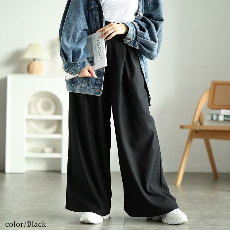 大きいサイズ レディース 裾が床につかないストレッチタックワイドパンツ　kt-152 ブラック
