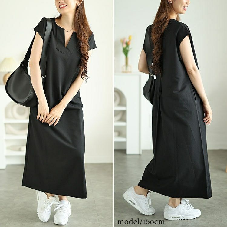 大きいサイズ レディース キーネックフレンチスリーブワンピース