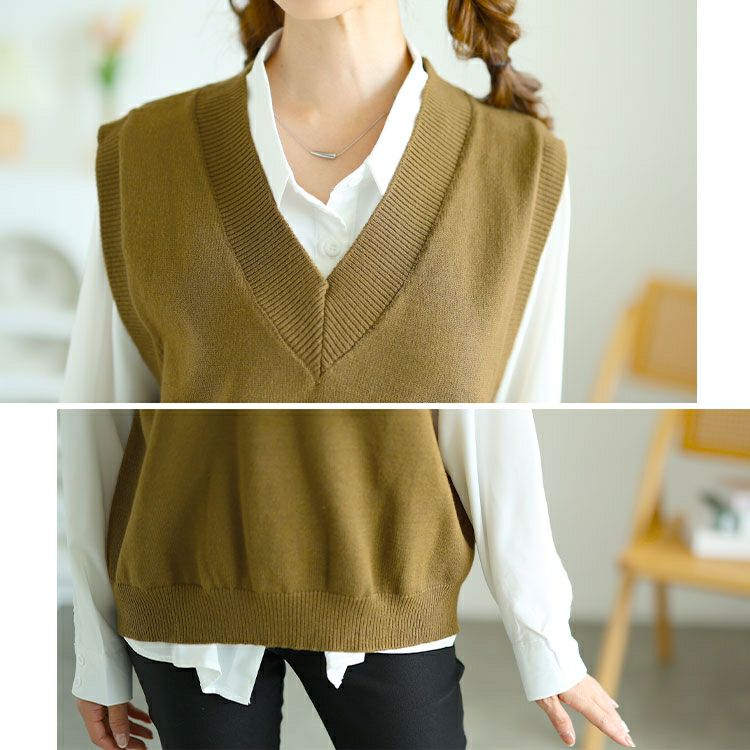 大きいサイズ レディース 長袖シャツ＆ニットベストセット　goldy-1553