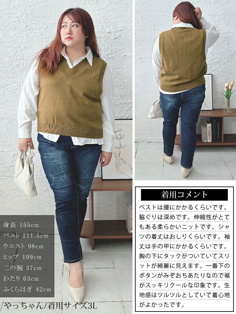 大きいサイズ レディース 長袖シャツ＆ニットベストセット　goldy-1553