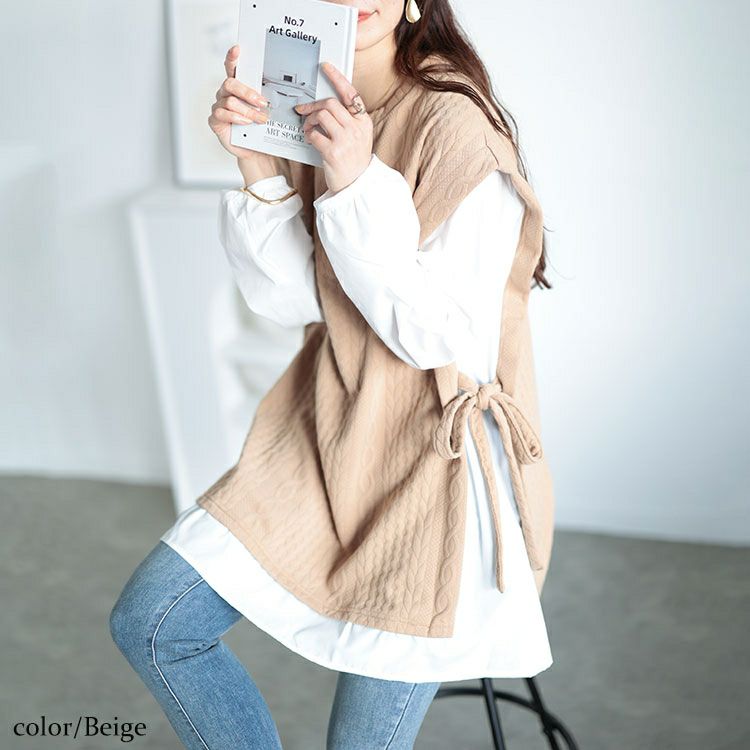 大きいサイズ レディース 脇リボンベスト重ね着風チュニック　plan-260508