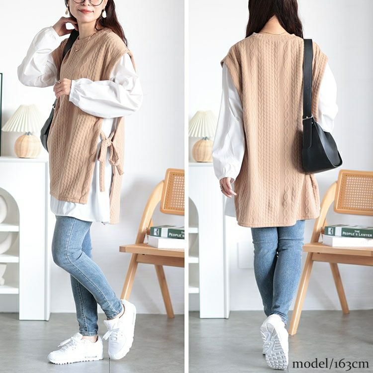 大きいサイズ レディース 脇リボンベスト重ね着風チュニック　plan-260508