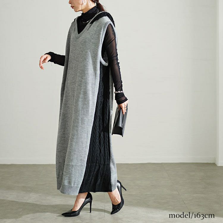 大きいサイズ レディース 配色ニットノースリーブパーカーワンピース