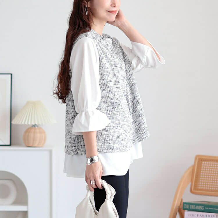 大きいサイズ レディース 3wayツイードフェイクベストプルオーバー　cpdai-659109