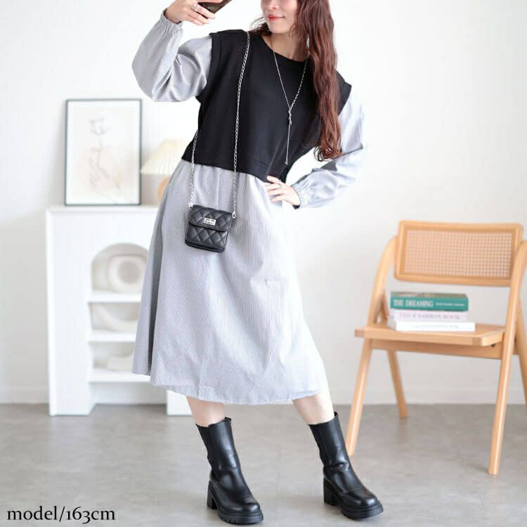 大きいサイズ レディース フェイクベストストライプシャツワンピース