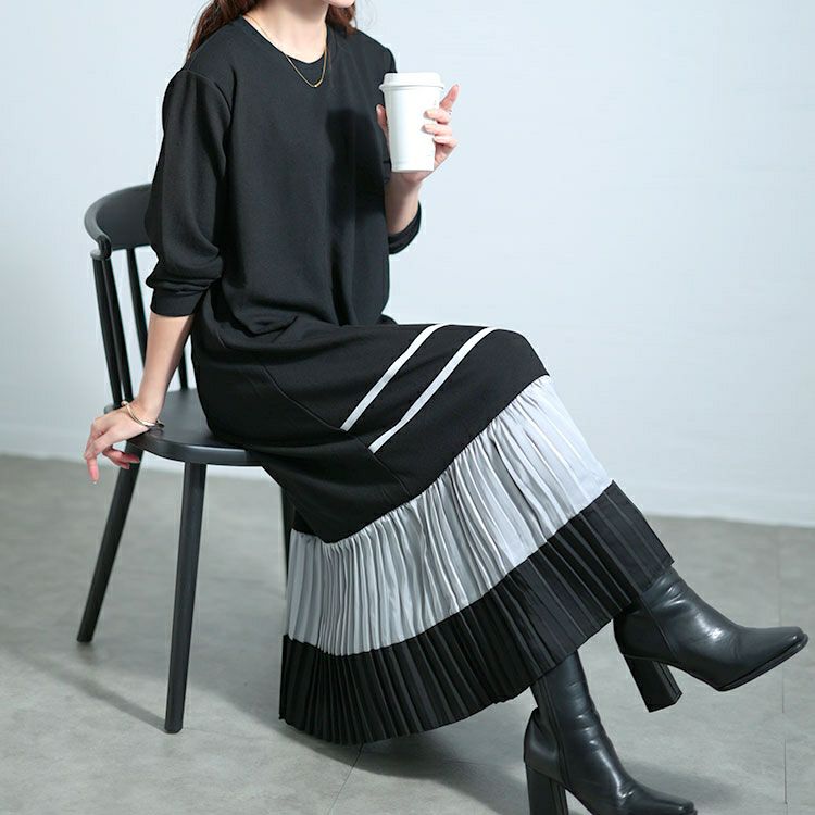 大きいサイズ レディース 裾プリーツ切替えロングワンピース goldy