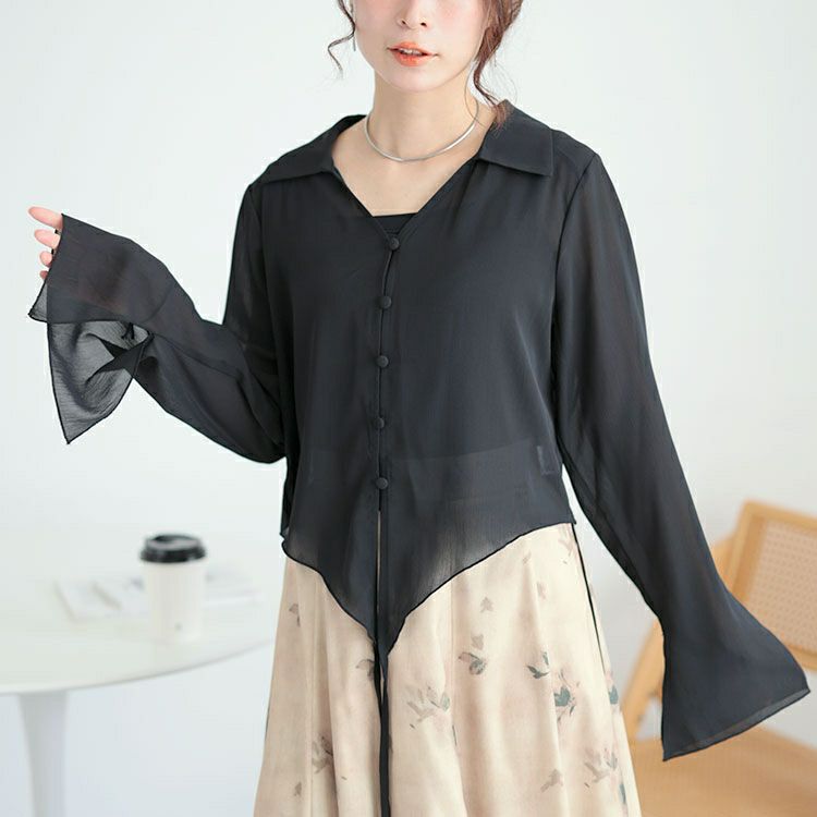 大きいサイズ レディース フレア袖シャツ＆花柄ガウチョパンツ　goldy-1583