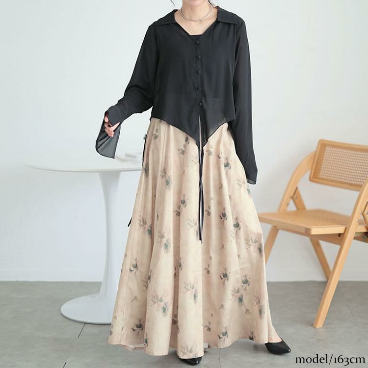 大きいサイズ レディース フレア袖シャツ＆花柄ガウチョパンツ　goldy-1583 ブラック