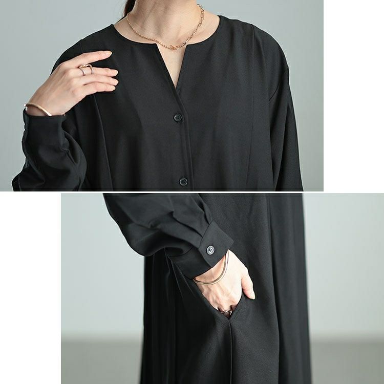 大きいサイズ レディース バックプリーツキーネックシャツワンピース