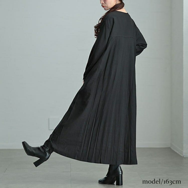 大きいサイズ レディース バックプリーツキーネックシャツワンピース