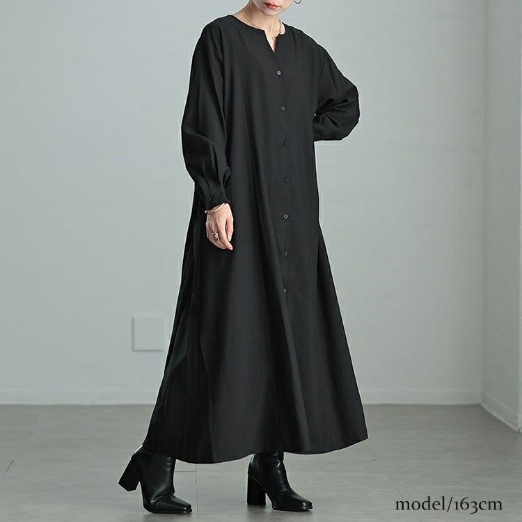 おはぎ　36黒 大きいサイズ レディース バックプリーツキーネックシャツワンピース