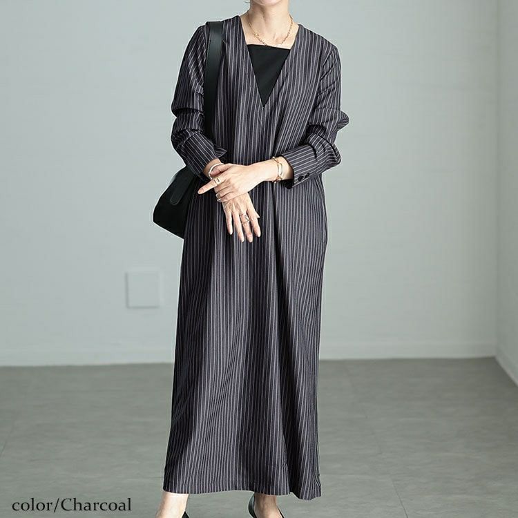 大きいサイズ レディース 重ね着風ピンストライプスリットワンピース