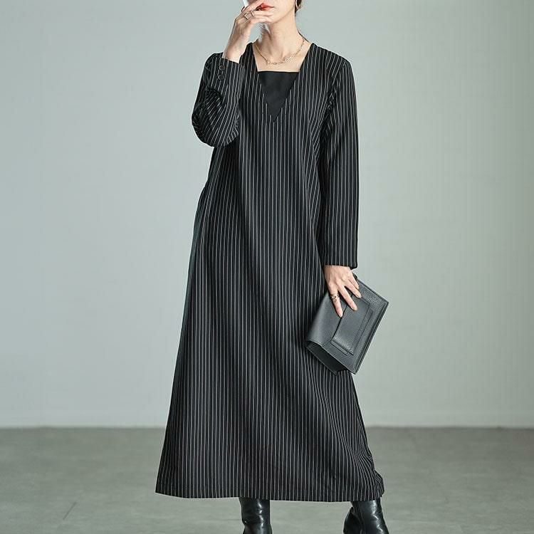 大きいサイズ レディース 重ね着風ピンストライプスリットワンピース
