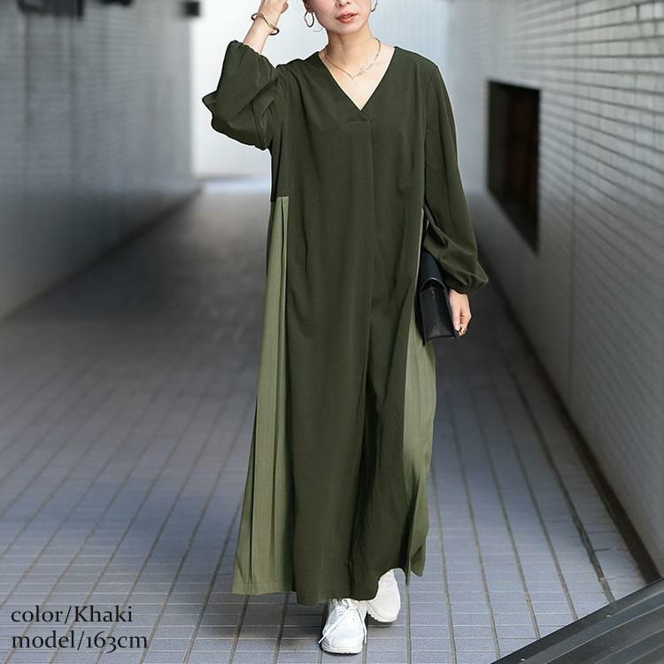 大きいサイズ レディース サイドプリーツ切り替えVネックワンピース