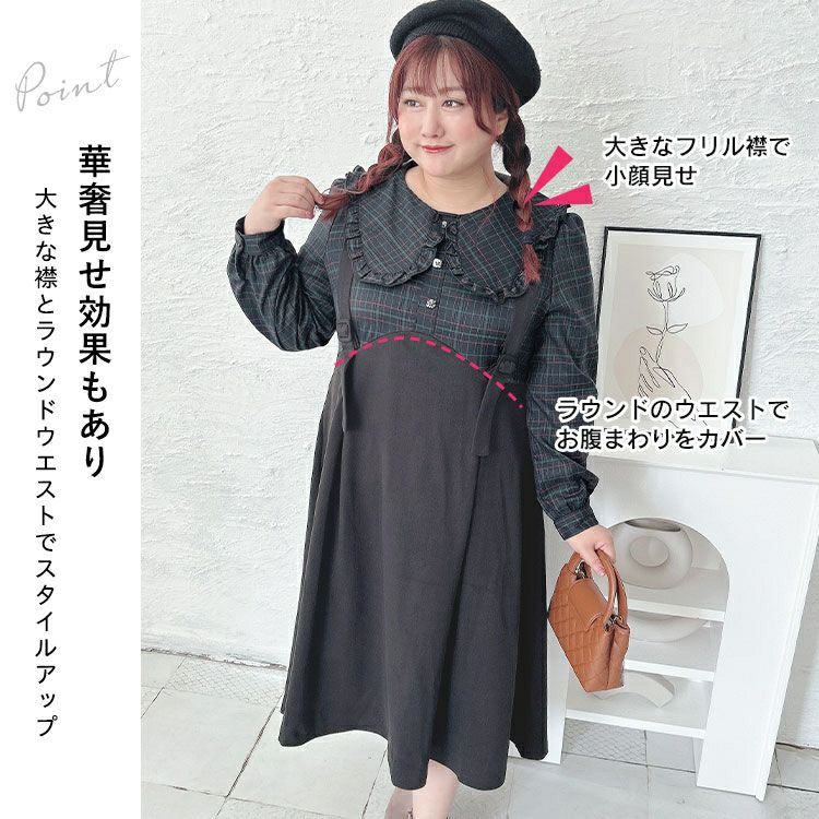 大きいサイズ レディース チェック柄ブラウスドッキングワンピース　goldy-1590