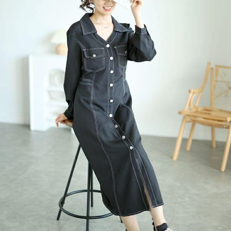 大きいサイズ レディース バイカラーロングシャツワンピース　goldy-1588