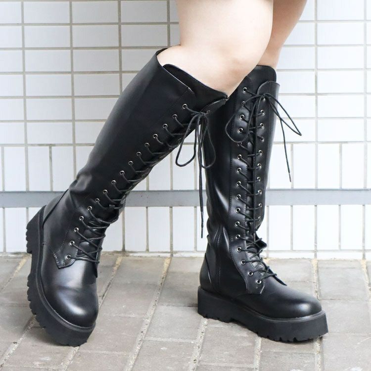 大きいサイズ レディース 幅広4E厚底編み上げストレッチロングブーツ