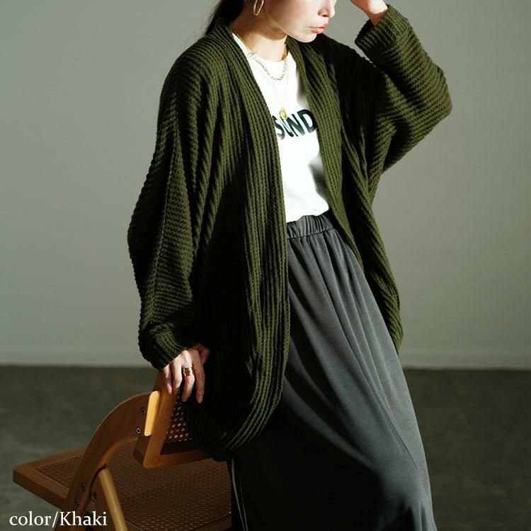 大きいサイズ レディース ワッフルニットドルマンカーディガン　cast-5548011 カーキ