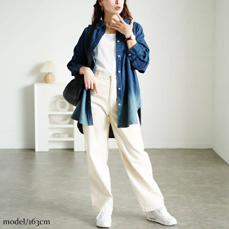 大きいサイズ レディース 裾グラデ長袖コットンデニムシャツ　wd-0399