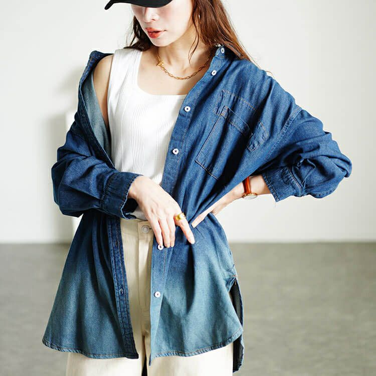 大きいサイズ レディース 裾グラデ長袖コットンデニムシャツ　wd-0399