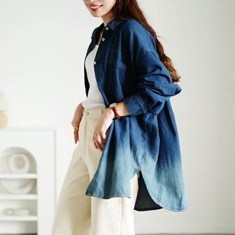 大きいサイズ レディース 裾グラデ長袖コットンデニムシャツ　wd-0399
