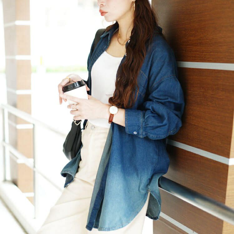 大きいサイズ レディース 裾グラデ長袖コットンデニムシャツ　wd-0399