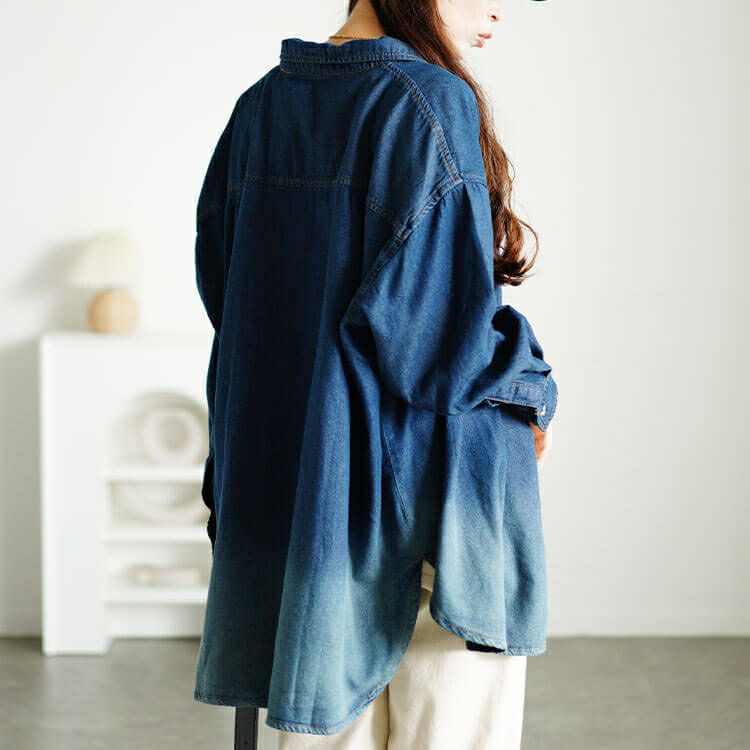 大きいサイズ レディース 裾グラデ長袖コットンデニムシャツ　wd-0399