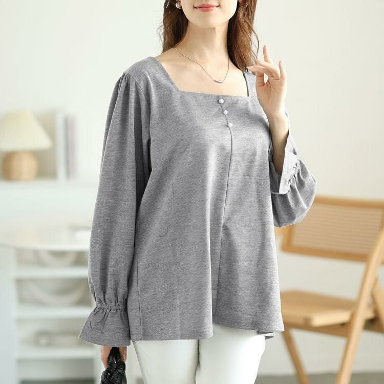 大きいサイズ レディース キャンディースリーブパールボタンカットソー　fem-535 杢グレー