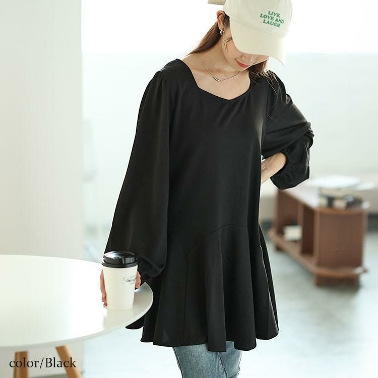大きいサイズ レディース ダイヤモンドネックペプラムチュニック　fem-533 ブラック