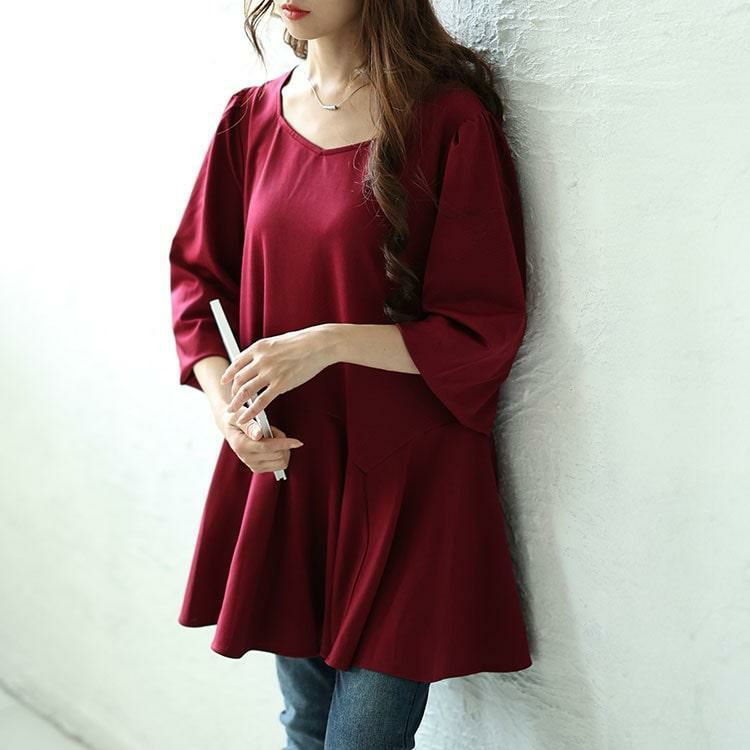 大きいサイズ レディース ダイヤモンドネックペプラムチュニック　fem-533 ワイン