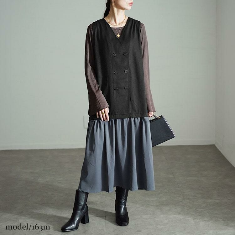 大きいサイズ レディース ドッキングベストノースリーブワンピース　fem-527 グレー×ブラック