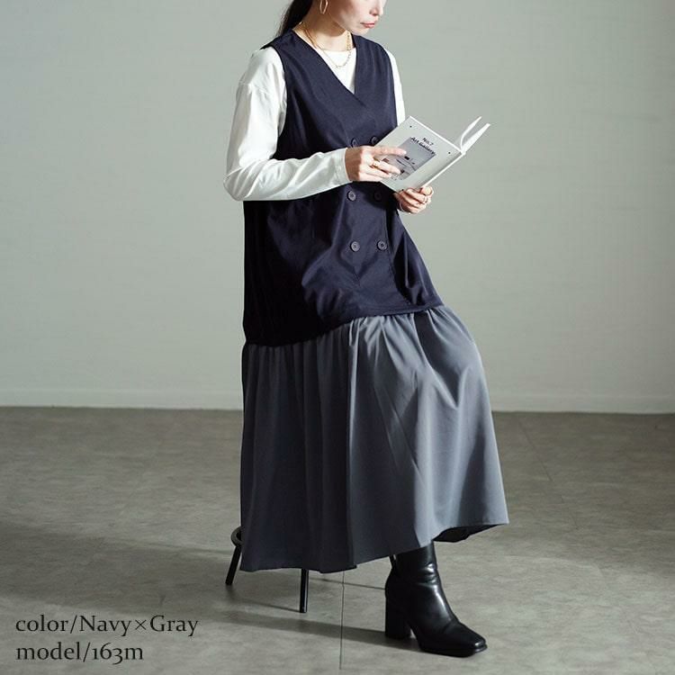 大きいサイズ レディース ドッキングベストノースリーブワンピース　fem-527 ネイビー×グレー