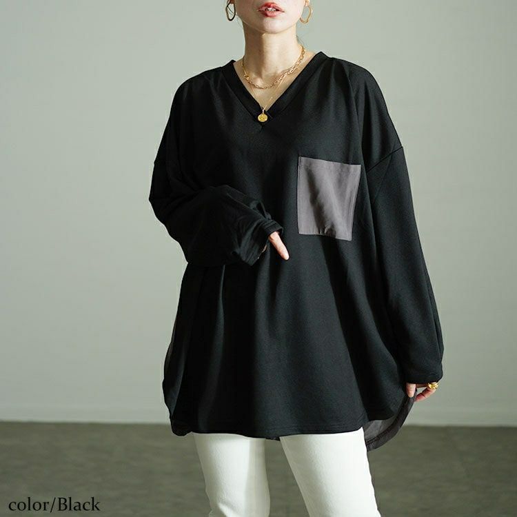 大きいサイズ レディース バックボタン異素材切り替えプルオーバー　fem-530