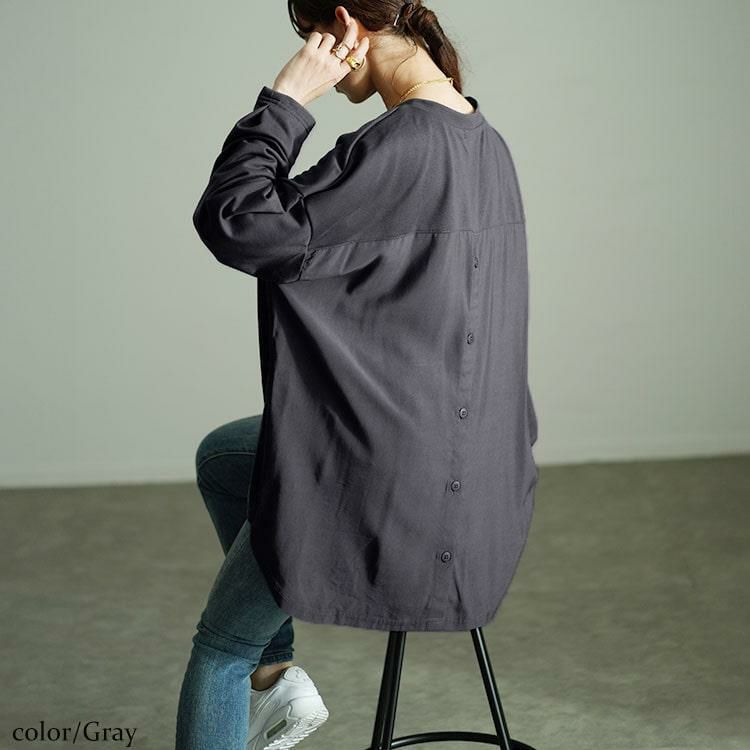 大きいサイズ レディース バックボタン異素材切り替えプルオーバー　fem-530 グレー