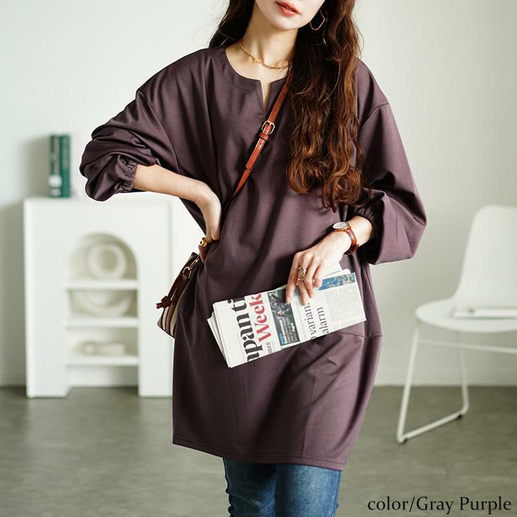 大きいサイズ レディース キーネックコクーン切り替えチュニック　fem-522 グレーパープル