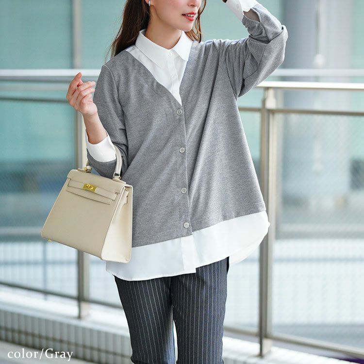 大きいサイズ レディース ラウンドカットシャツフェイクカーディガン　fem-516