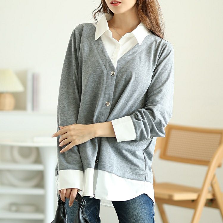 大きいサイズ レディース ラウンドカットシャツフェイクカーディガン　fem-516