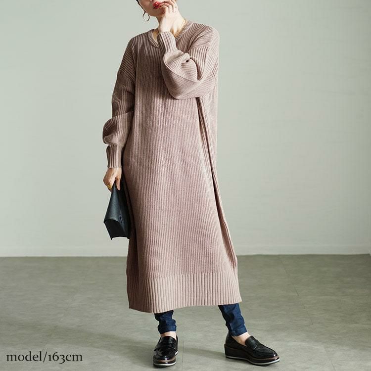 大きいサイズ レディース ボリュームスリーブニットワンピース　sada-6918 ベージュ
