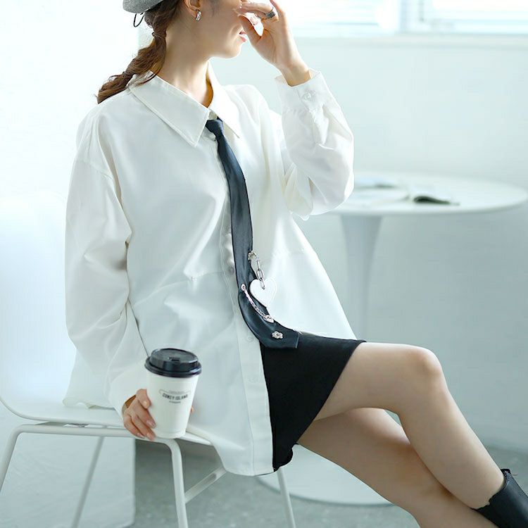 大きいサイズ レディース カレッジネクタイ付きロングシャツ　goldy-1592