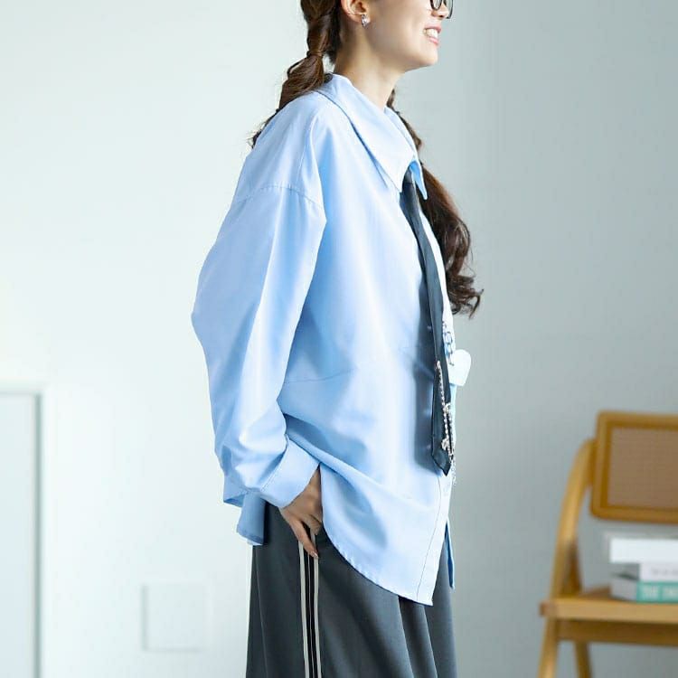 大きいサイズ レディース カレッジネクタイ付きロングシャツ　goldy-1592