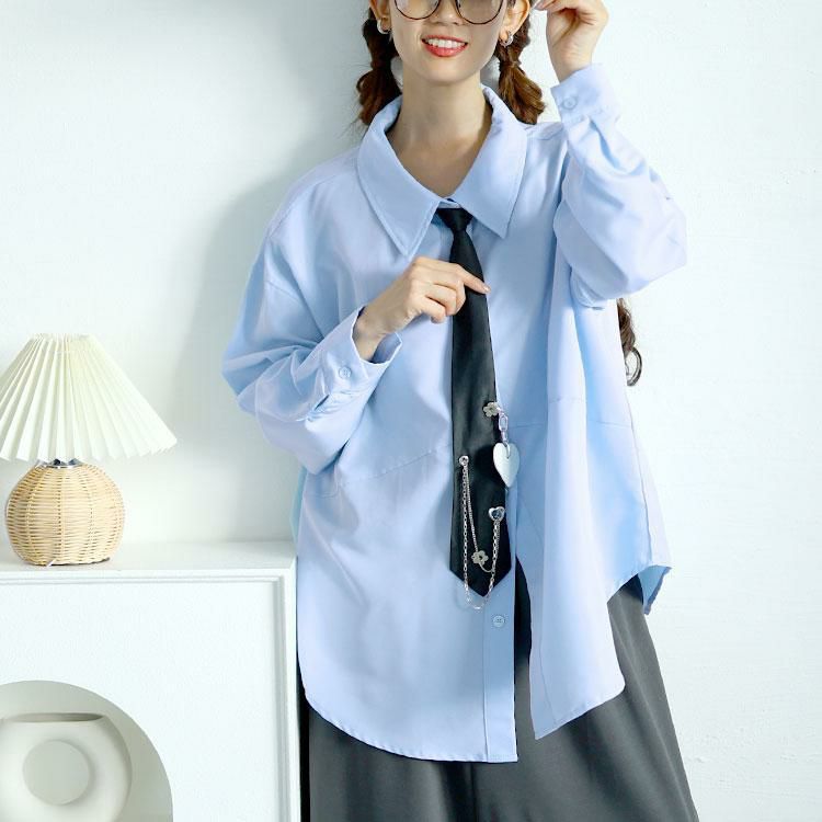 大きいサイズ レディース カレッジネクタイ付きロングシャツ　goldy-1592 ブルー