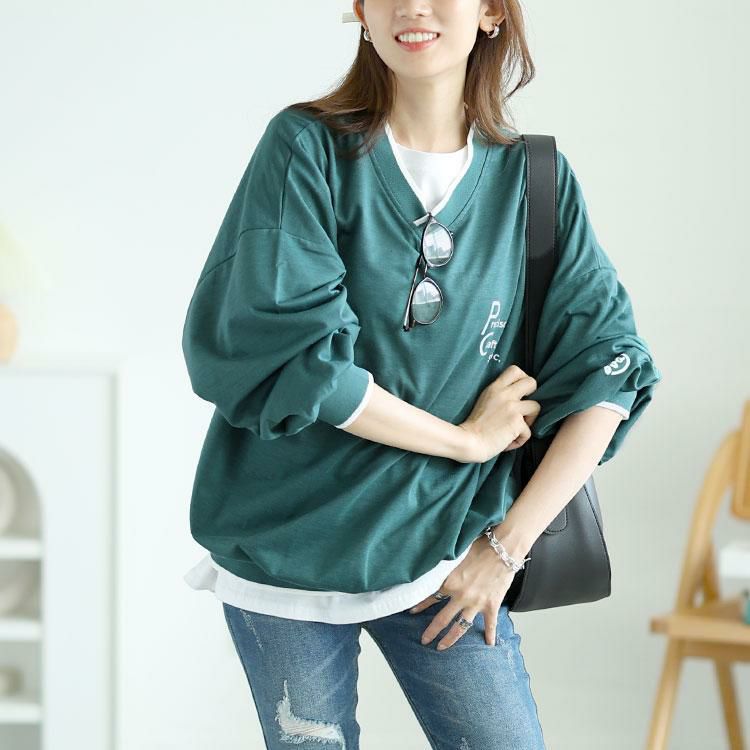 大きいサイズ レディース Vネックロゴプリントスウェット　goldy-1597 【メール便可】 グリーン