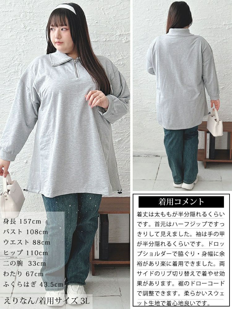 大きいサイズ レディース リブ切り替えハーフジッププルオーバー　bai-0161