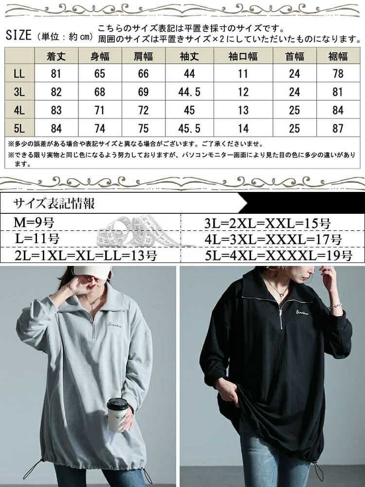 大きいサイズ レディース リブ切り替えハーフジッププルオーバー　bai-0161