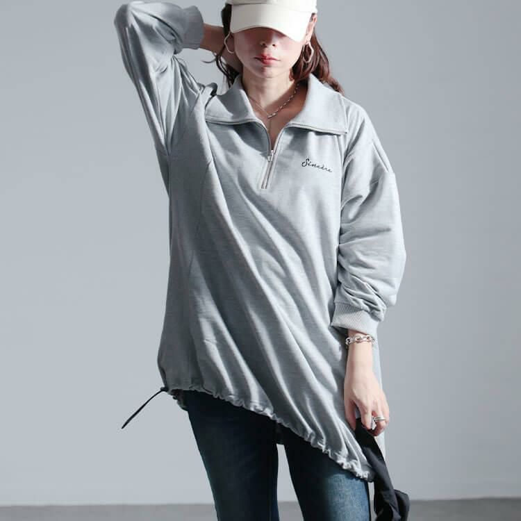 大きいサイズ レディース リブ切り替えハーフジッププルオーバー　bai-0161 杢グレー
