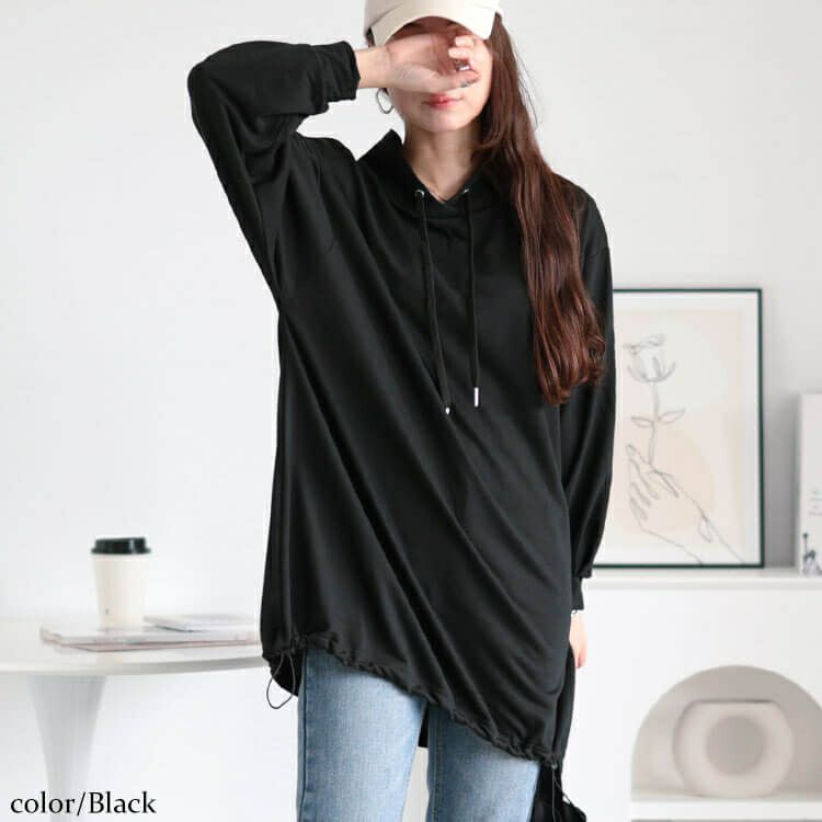 大きいサイズ レディース 裾ドロストフェイクフードプルオーバー　bai-0160