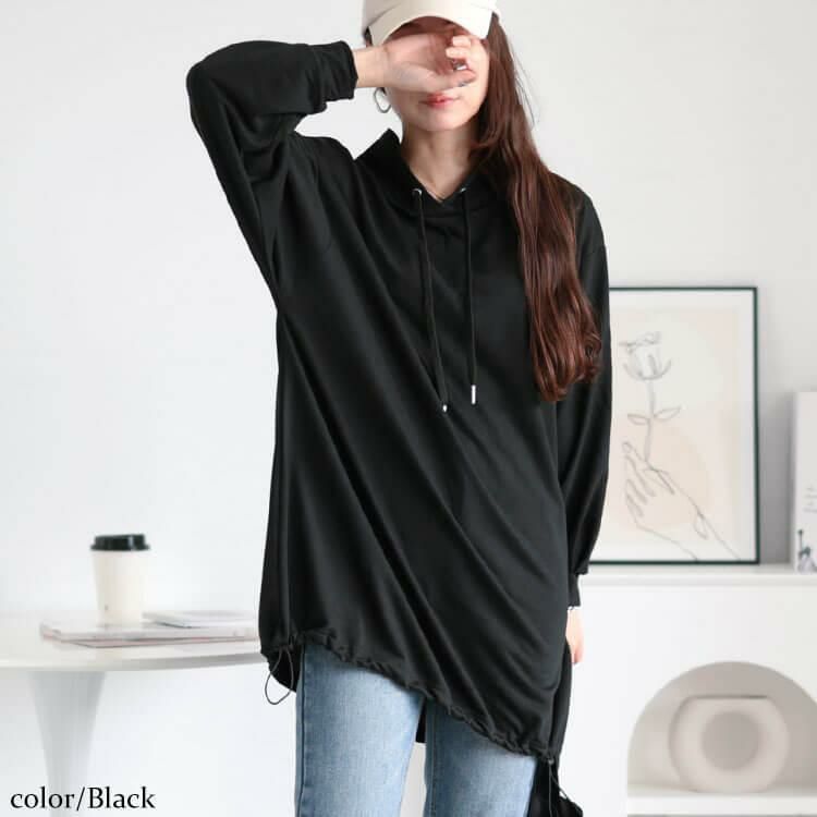 大きいサイズ レディース 裾ドロストフェイクフードプルオーバー　bai-0160 ブラック