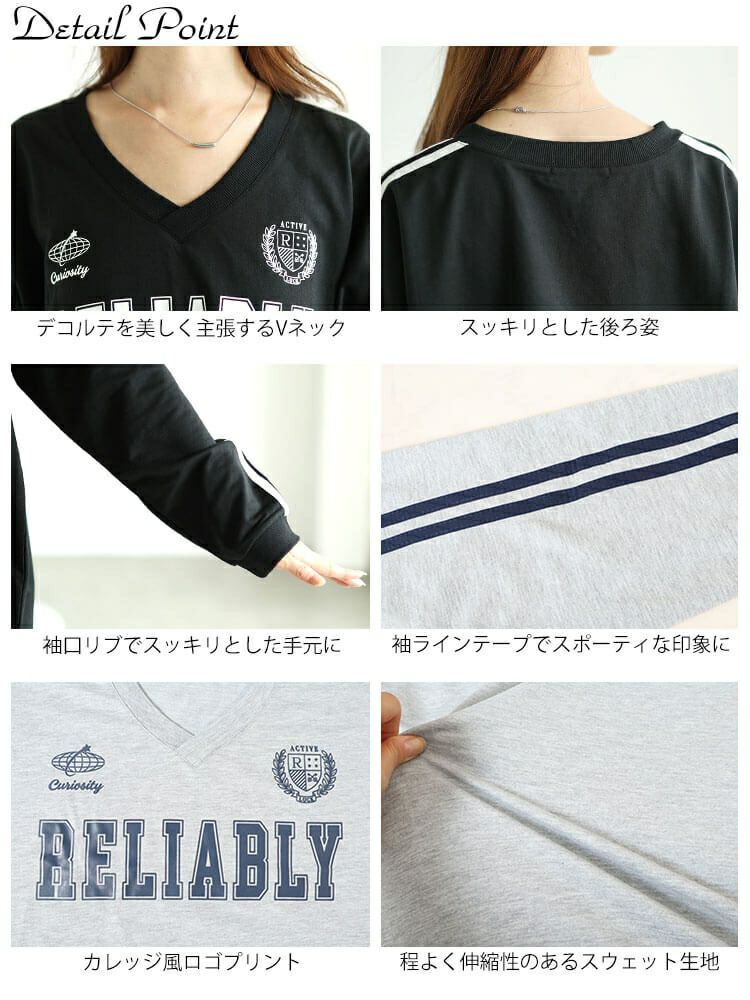 大きいサイズ レディース 袖ラインVネックロゴスウェット　bai-0159