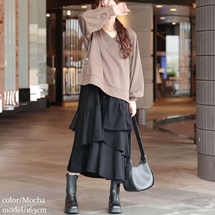 大きいサイズ レディース アシンメトリーフリルドッキングワンピース　sw-0650 モカ