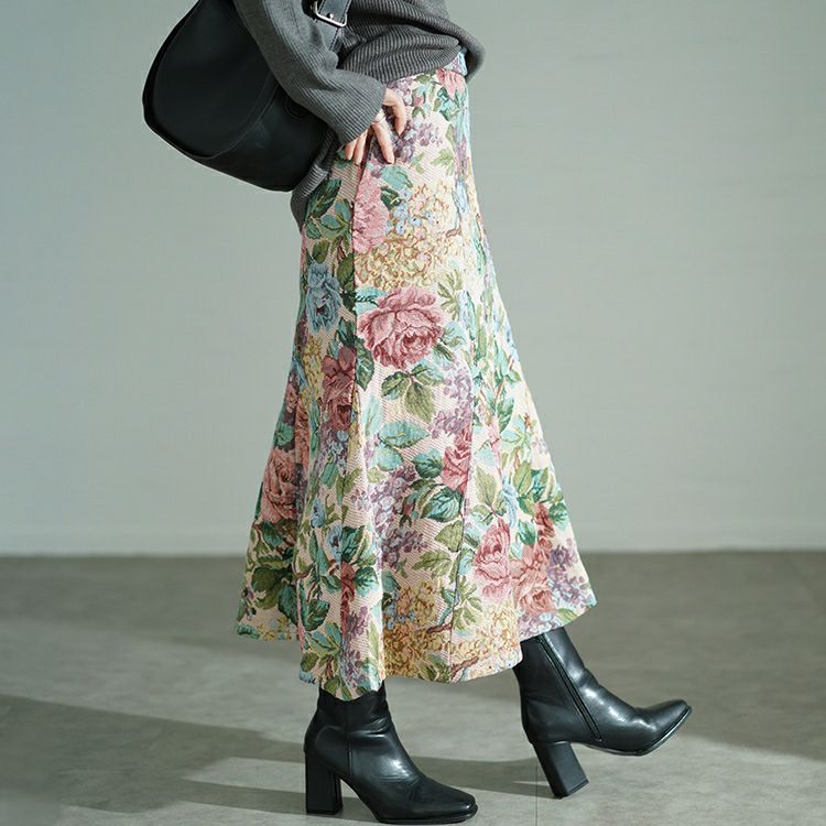 大きいサイズ レディース 花柄ゴブラン織りマーメイドスカート　bro-0055